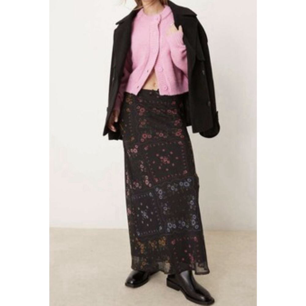 Miss Selfridge ASOS Black Floral Chiffon Maxi Skirt US 6 Bandana Print Boho